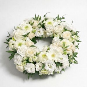 Classic white funeral wreath Malta — roses, lisianthus, chrysanthemums and green foliage