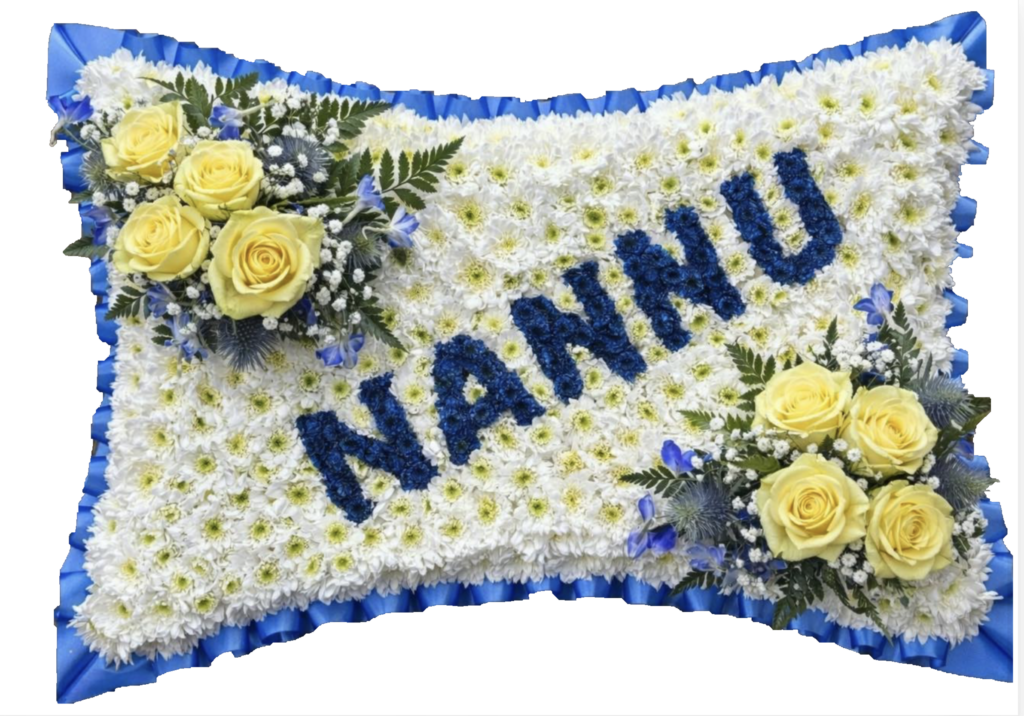 Personalised funeral tribute pillow with Nanna lettering in white chrysanthemums and yellow roses Malta