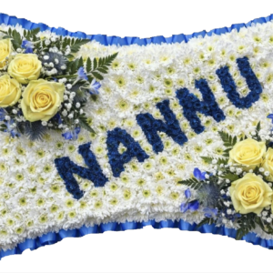 Personalised funeral tribute pillow with Nanna lettering in white chrysanthemums and yellow roses Malta