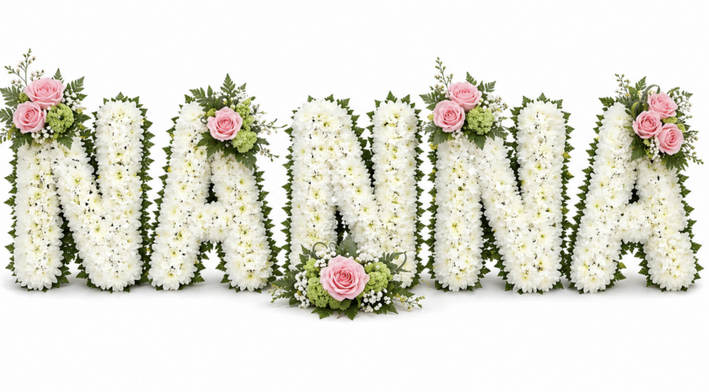 Floral letter tribute spelling NANNA in white chrysanthemums with pink rose accents and green foliage, funeral flowers Malta"