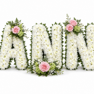 Floral letter tribute spelling NANNA in white chrysanthemums with pink rose accents and green foliage, funeral flowers Malta"