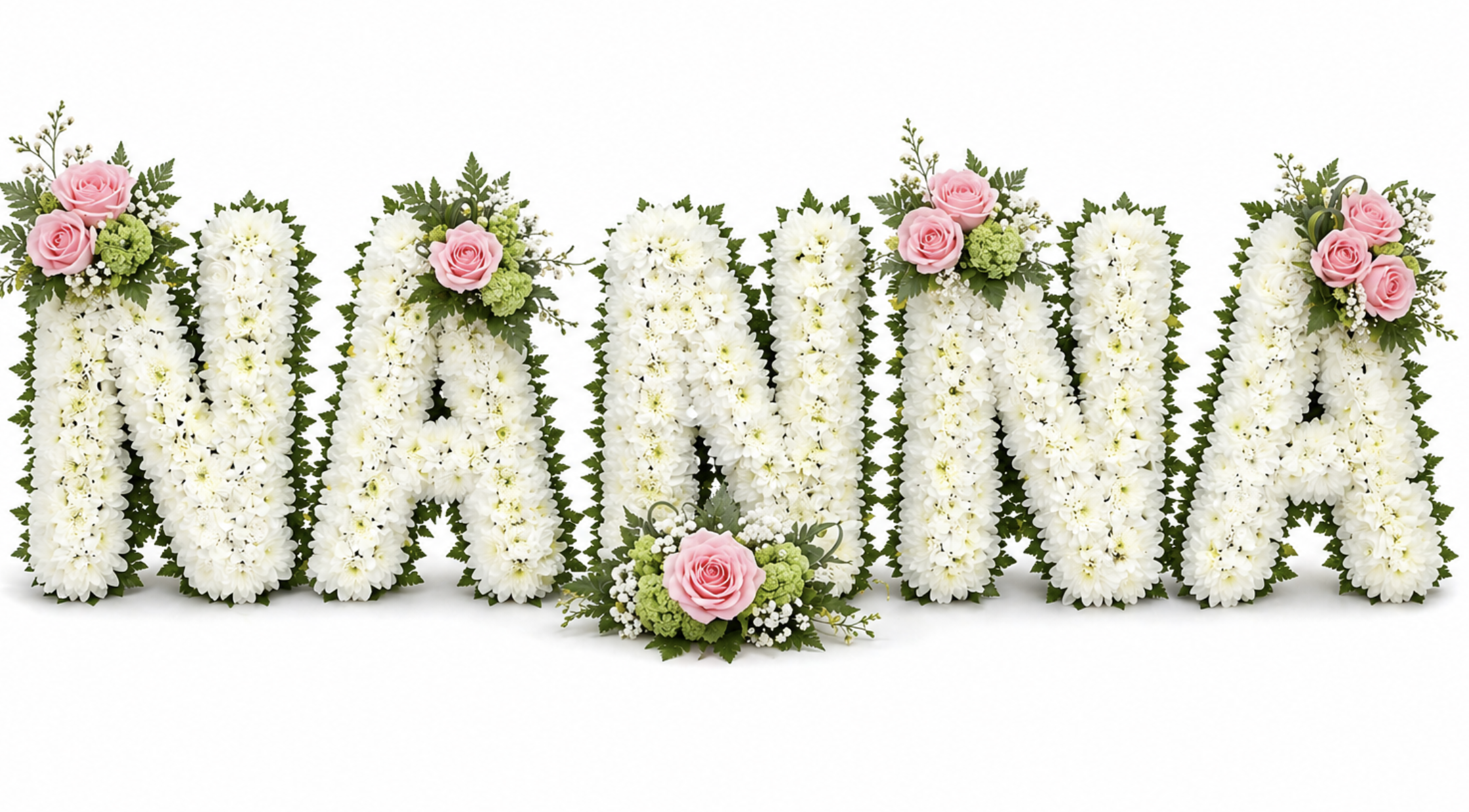Floral letter tribute spelling NANNA in white chrysanthemums with pink rose accents and green foliage, funeral flowers Malta"