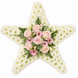 Star funeral tribute Malta — white chrysanthemums with pink rose and lisianthus centre spray