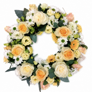 Serene Memory funeral wreath in ivory peach and cream tones by Funeral Flowers Malta