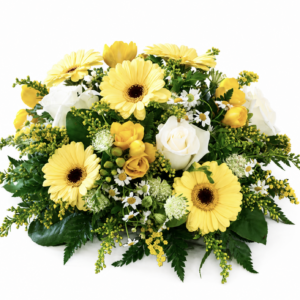 Golden Light funeral posy in yellow white and green tones by Funeral Flowers Malta