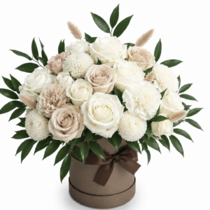 Quicksand harmony sympathy flower arrangement in white and Quicksand rose tones by Funeral Flowers Malta