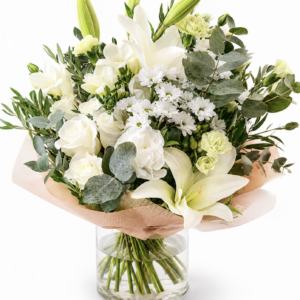 Pure Serenity sympathy bouquet with white lilies and roses by Funeral Flowers Malta